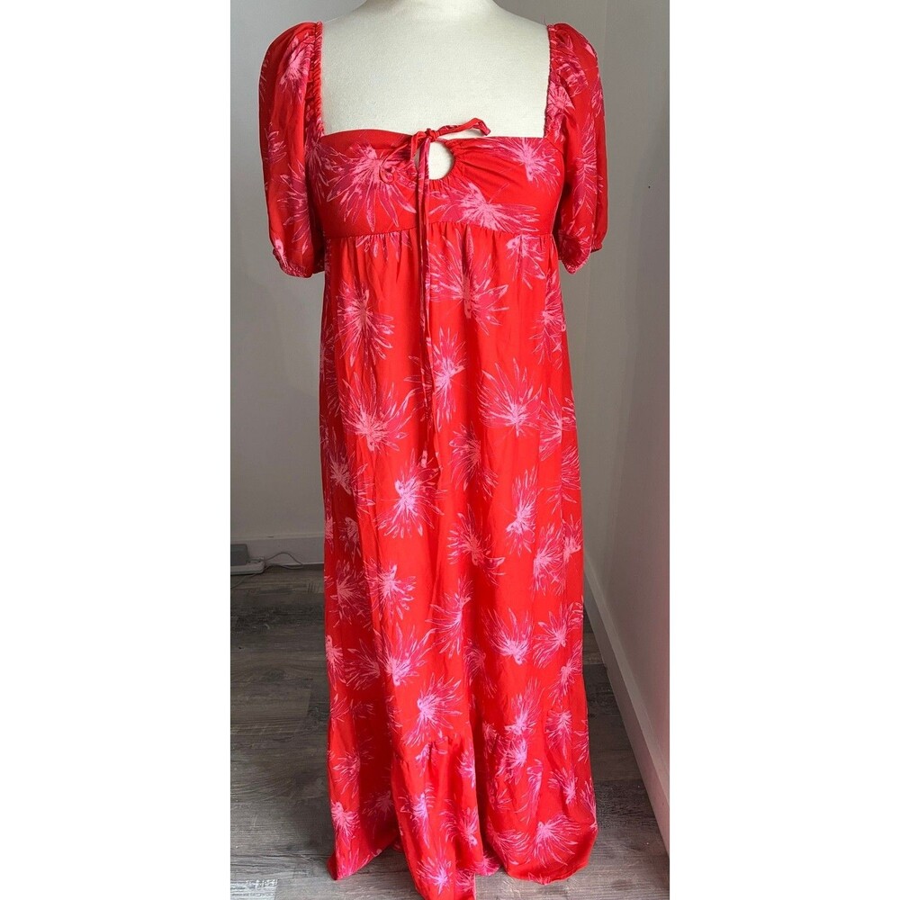 4SI3NNA Red Pink Tropical Floral Maxi Dress L Puff Sleeve Cutout Tie Front